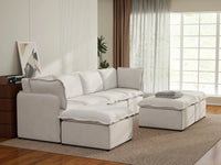 Deluxe Cloud 4-Seater Beige Large Space Sofa Set | 7-Piece (Includes 3 Ottomans), Linen Look Poly Fabric, Easy To Clean