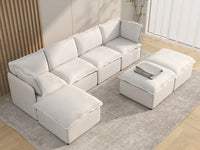 Deluxe Cloud 4-Seater Beige Large Space Sofa Set | 7-Piece (Includes 3 Ottomans), Linen Look Poly Fabric, Easy To Clean
