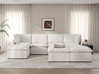 Deluxe Cloud 4-Seater Beige Large Space Sofa Set | 7-Piece (Includes 3 Ottomans), Linen Look Poly Fabric, Easy To Clean