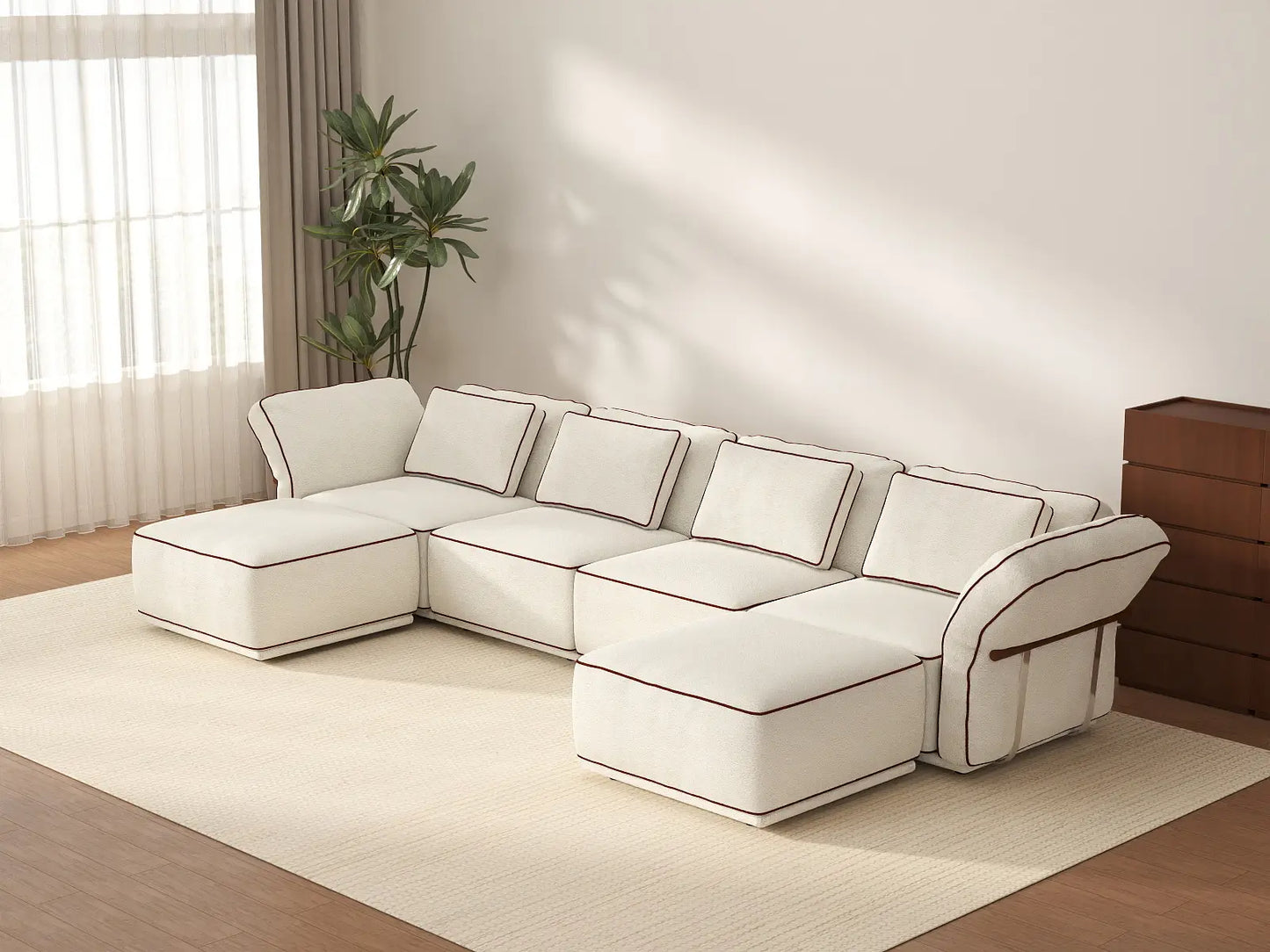 Deluxe Cloud 4-Seater Beige Large Space U-Shaped Sectional | 6-Piece (Includes 2 Ottomans), Bouclé Sherpa-Like Fabric, Easy To Clean