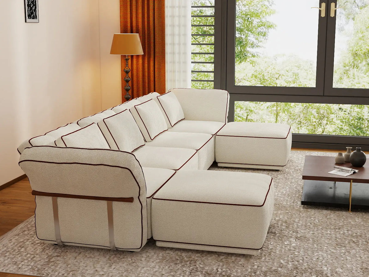 Deluxe Cloud 4-Seater Beige Large Space U-Shaped Sectional | 6-Piece (Includes 2 Ottomans), Bouclé Sherpa-Like Fabric, Easy To Clean
