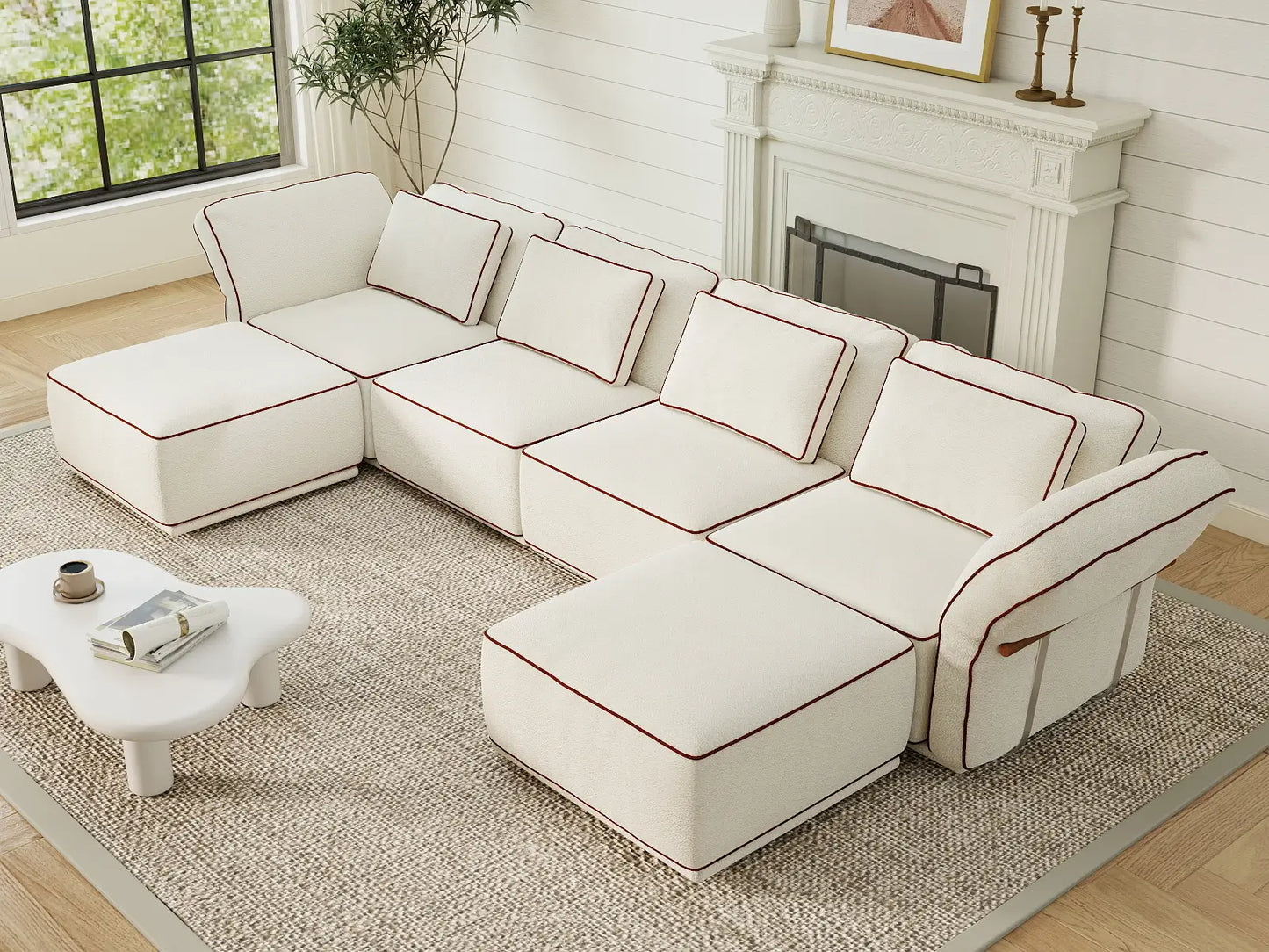 Deluxe Cloud 4-Seater Beige Large Space U-Shaped Sectional | 6-Piece (Includes 2 Ottomans), Bouclé Sherpa-Like Fabric, Easy To Clean