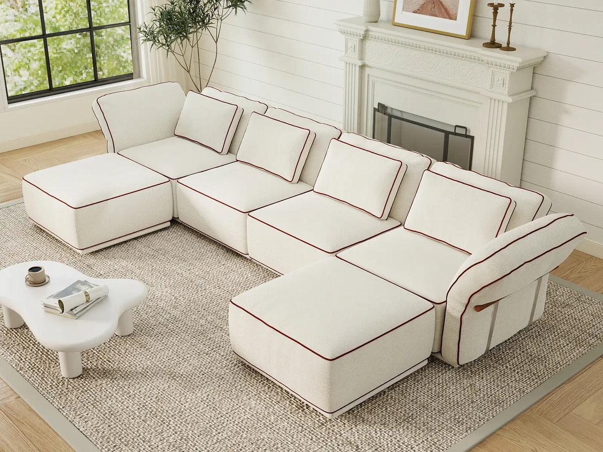 Deluxe Cloud 4-Seater Beige Large Space U-Shaped Sectional | 6-Piece (Includes 2 Ottomans), Bouclé Sherpa-Like Fabric, Easy To Clean