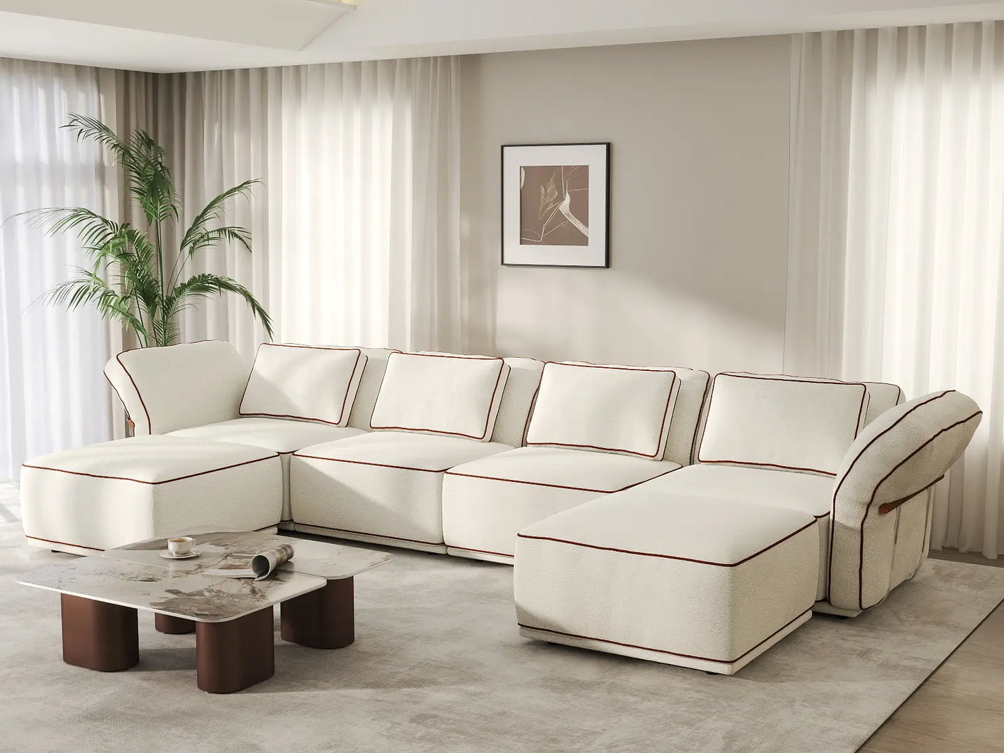 Deluxe Cloud 4-Seater Beige Large Space U-Shaped Sectional | 6-Piece (Includes 2 Ottomans), Bouclé Sherpa-Like Fabric, Easy To Clean