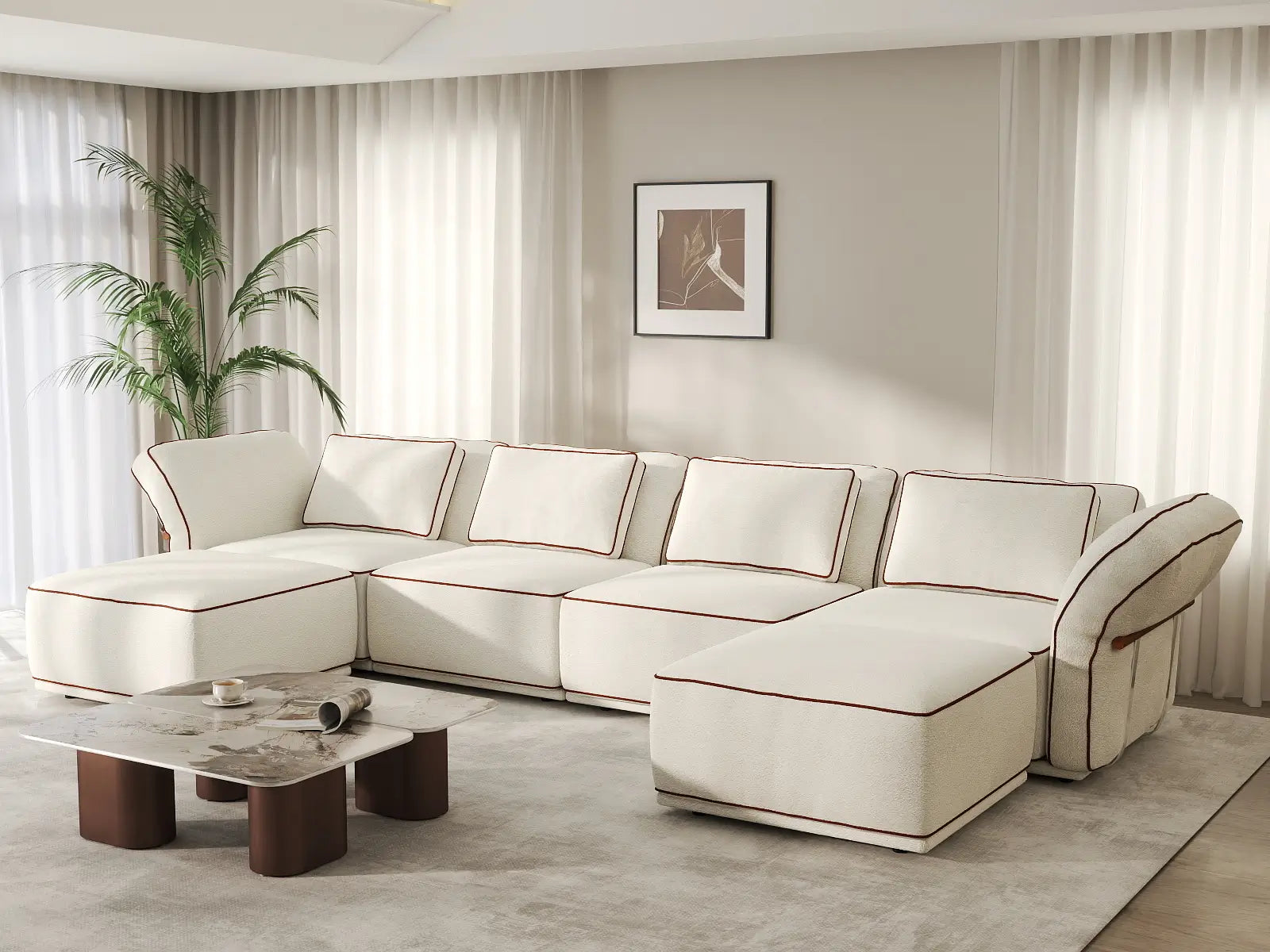 Deluxe Cloud 4-Seater Beige Large Space U-Shaped Sectional | 6-Piece (Includes 2 Ottomans), Bouclé Sherpa-Like Fabric, Easy To Clean