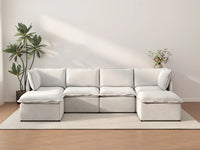 Deluxe Cloud 4-Seater Beige Large Space U-Shaped Sectional | 6-Piece (Includes 2 Ottomans), Linen Look Poly Fabric, Easy To Clean