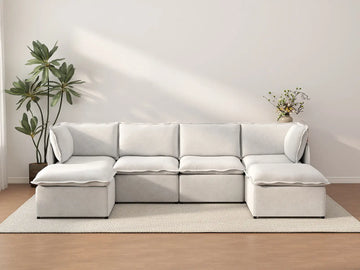 Deluxe Cloud 4-Seater Beige Large Space U-Shaped Sectional | 6-Piece (Includes 2 Ottomans), Linen Look Poly Fabric, Easy To Clean