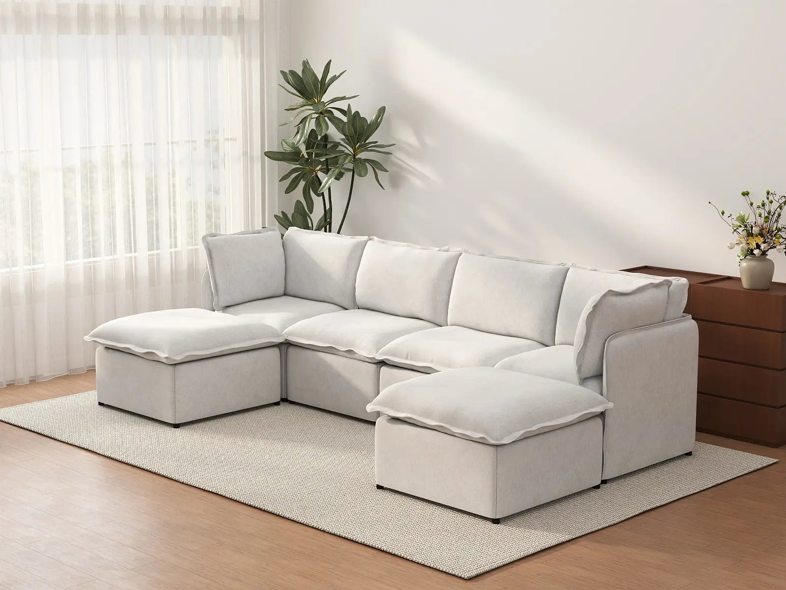 Deluxe Cloud 4-Seater Beige Large Space U-Shaped Sectional | 6-Piece (Includes 2 Ottomans), Linen Look Poly Fabric, Easy To Clean