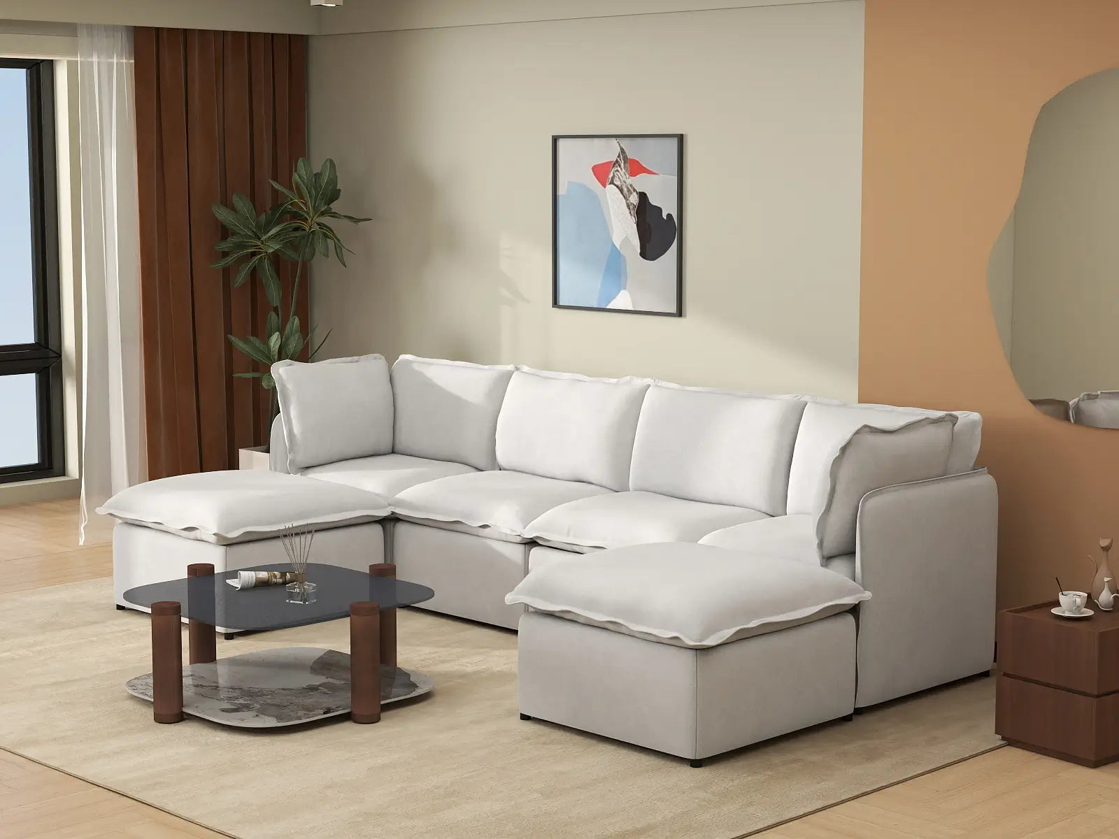 Deluxe Cloud 4-Seater Beige Large Space U-Shaped Sectional | 6-Piece (Includes 2 Ottomans), Linen Look Poly Fabric, Easy To Clean