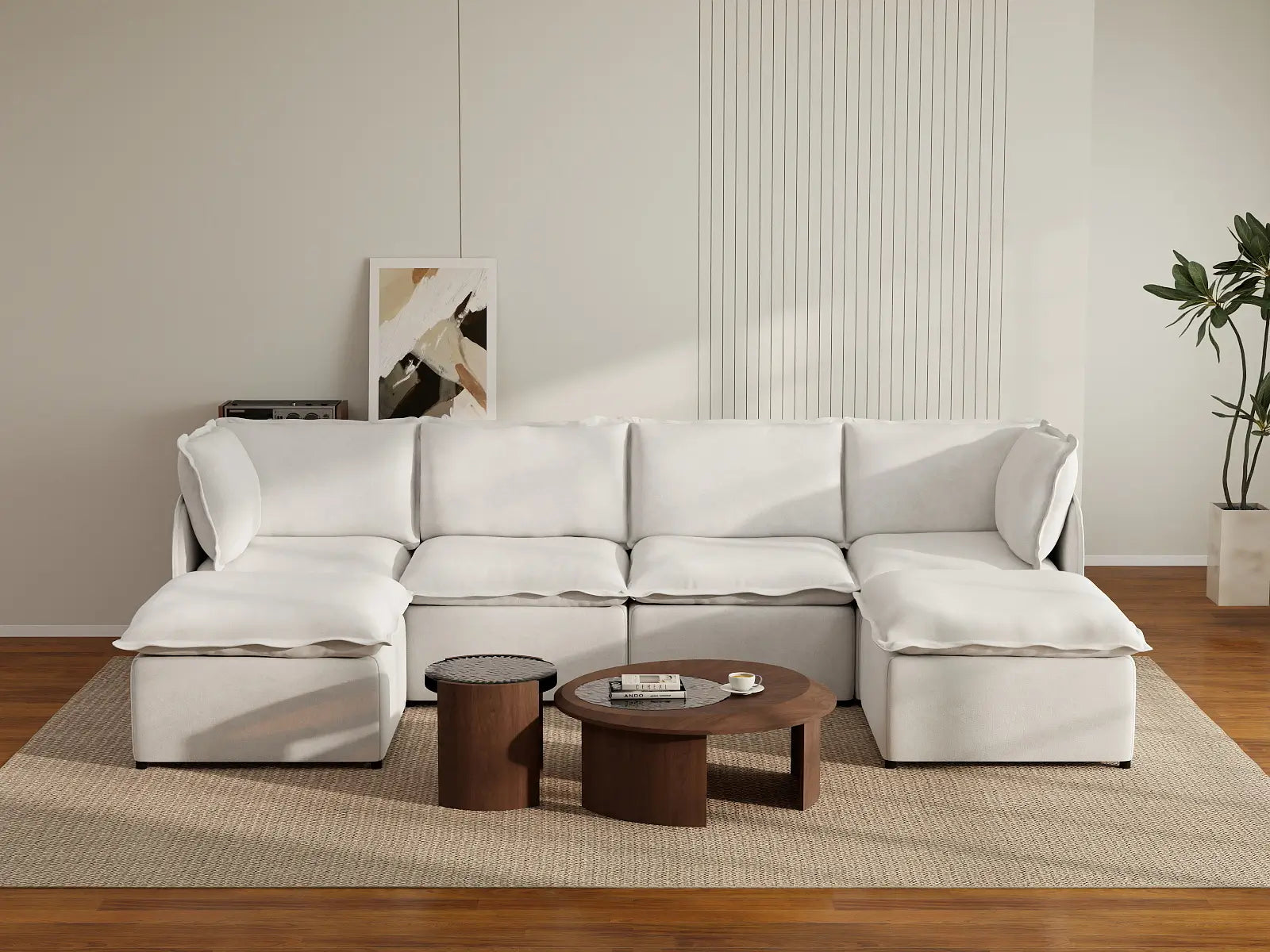 Deluxe Cloud 4-Seater Beige Large Space U-Shaped Sectional | 6-Piece (Includes 2 Ottomans), Linen Look Poly Fabric, Easy To Clean
