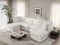 Deluxe Cloud 4-Seater Beige Large Space U-Shaped Sectional | 6-Piece (Includes 2 Ottomans), Linen Look Poly Fabric, Easy To Clean