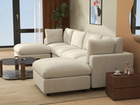 Seccional grande en forma de U de 4 plazas Deluxe Cloud color beige | 6 piezas (incluye 2 otomanas), tela de chenilla mezcla de lino, fácil de limpiar