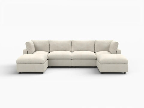 Lounge Cloud Sectional Sofa Covers | Beige Linen-Blend Chenille Sofa Cover for 4-Seater with 2-Ottomans