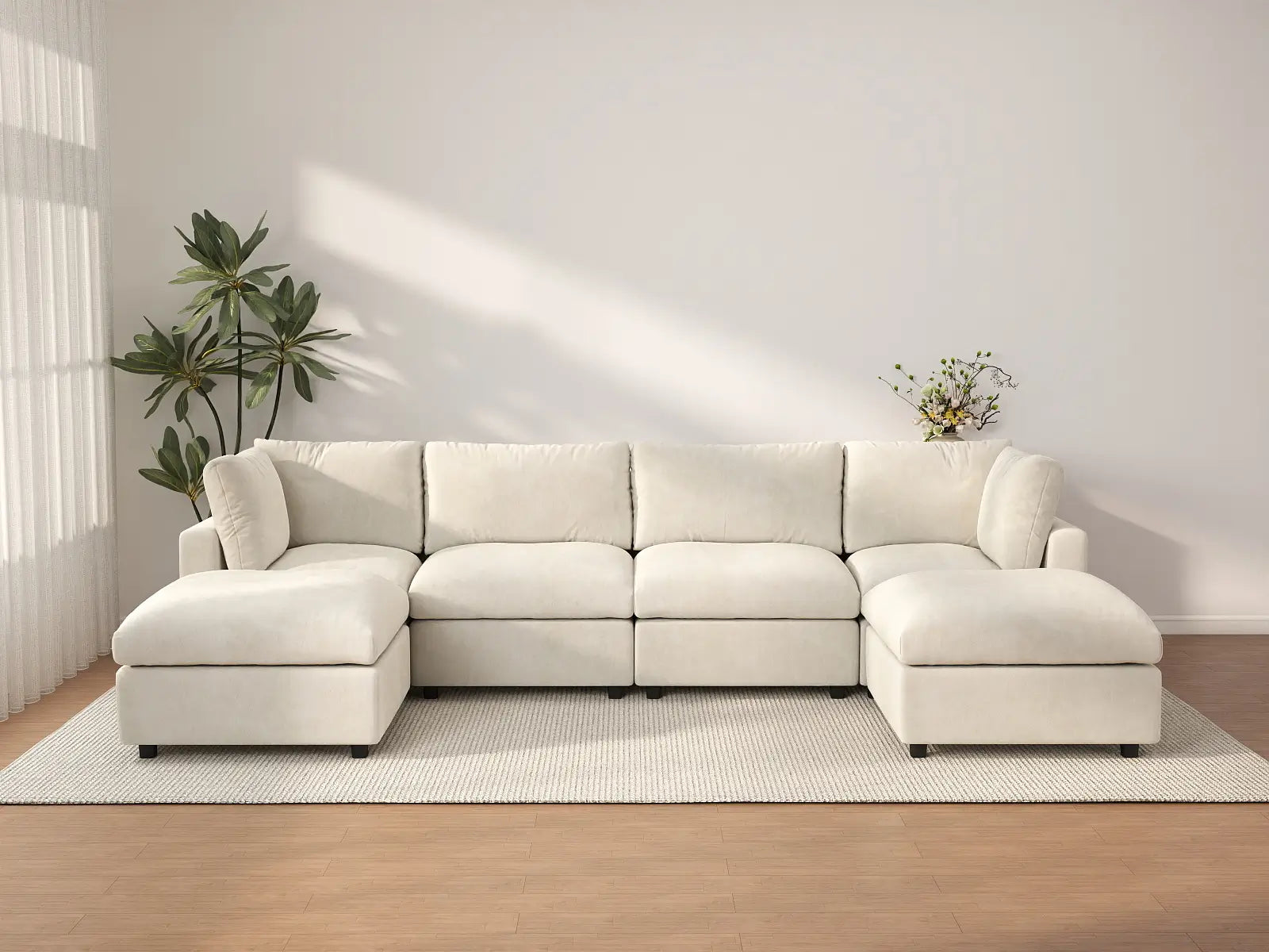 Seccional grande en forma de U de 4 plazas Deluxe Cloud color beige | 6 piezas (incluye 2 otomanas), tela de chenilla mezcla de lino, fácil de limpiar