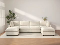 Seccional grande en forma de U de 4 plazas Deluxe Cloud color beige | 6 piezas (incluye 2 otomanas), tela de chenilla mezcla de lino, fácil de limpiar