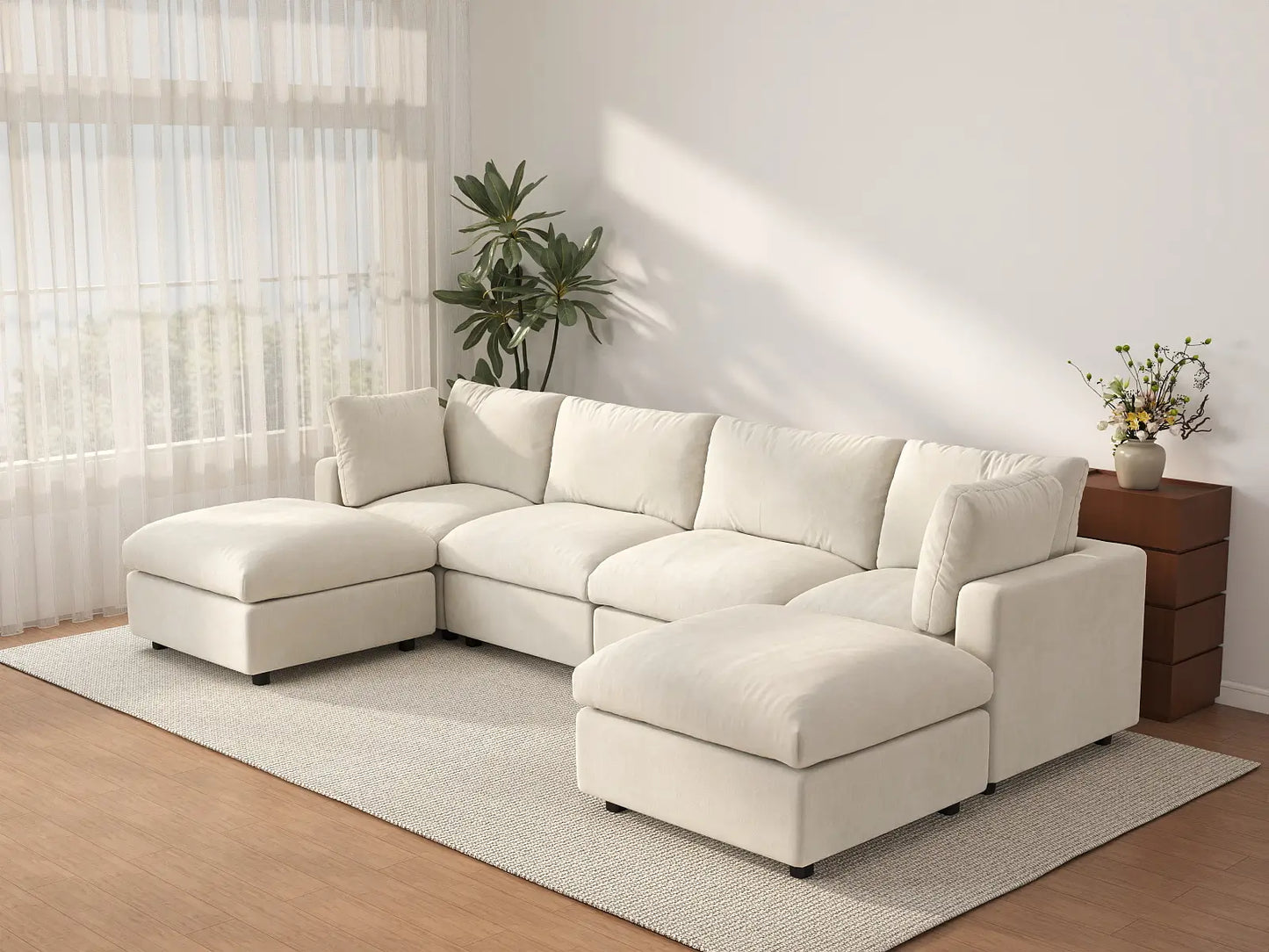 Seccional grande en forma de U de 4 plazas Deluxe Cloud color beige | 6 piezas (incluye 2 otomanas), tela de chenilla mezcla de lino, fácil de limpiar