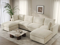 Seccional grande en forma de U de 4 plazas Deluxe Cloud color beige | 6 piezas (incluye 2 otomanas), tela de chenilla mezcla de lino, fácil de limpiar