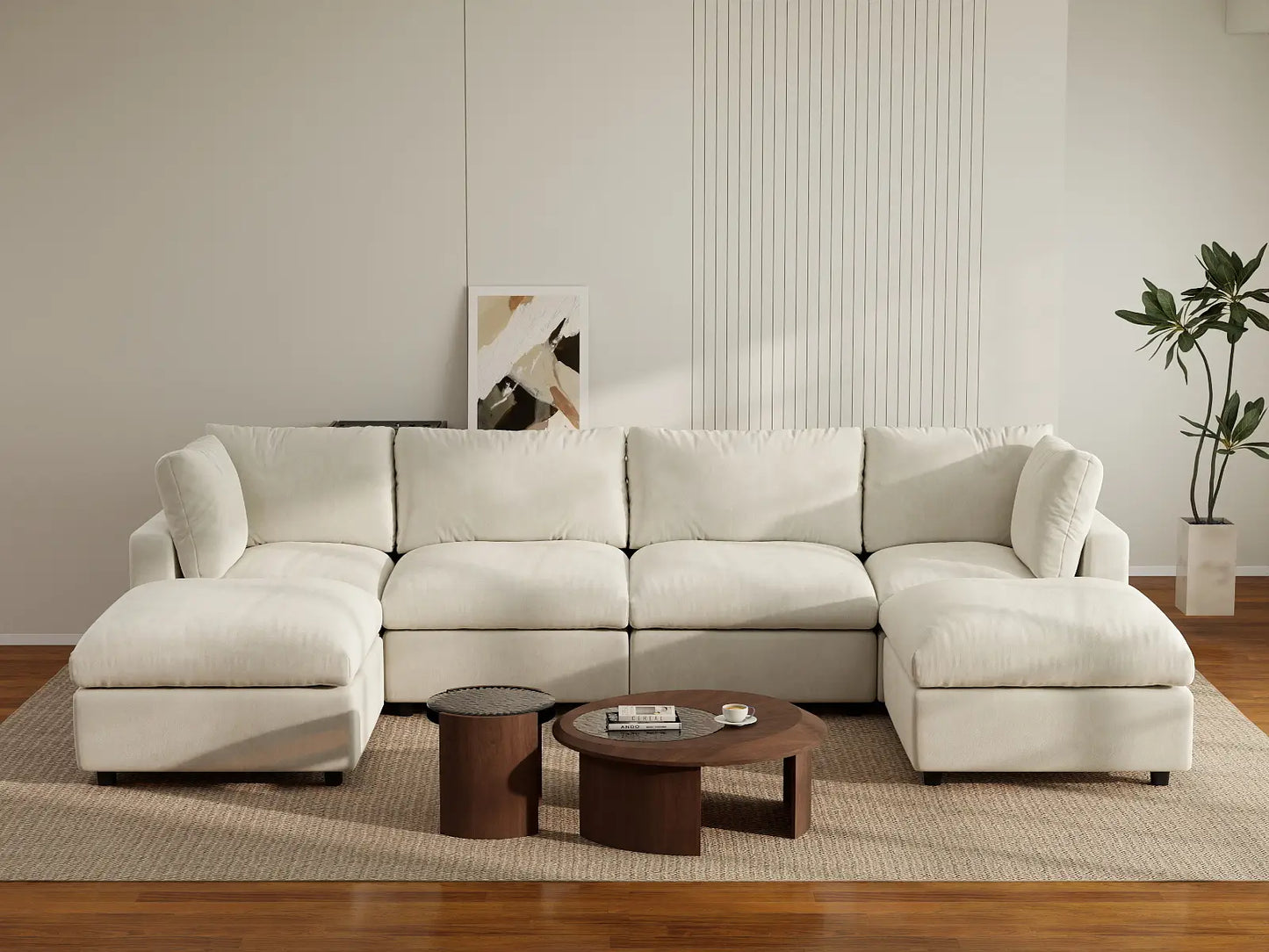 Seccional grande en forma de U de 4 plazas Deluxe Cloud color beige | 6 piezas (incluye 2 otomanas), tela de chenilla mezcla de lino, fácil de limpiar