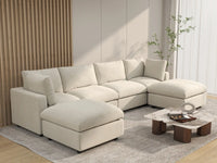 Seccional grande en forma de U de 4 plazas Deluxe Cloud color beige | 6 piezas (incluye 2 otomanas), tela de chenilla mezcla de lino, fácil de limpiar