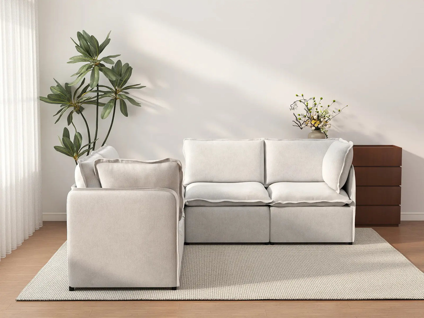 Deluxe Cloud 4-Seater Beige Large Space V-Shaped Sectional | 5-Piece (Includes 1 Ottoman), Linen Look Poly Fabric, Easy To Clean