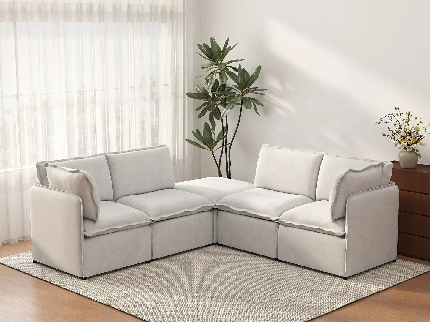 Deluxe Cloud 4-Seater Beige Large Space V-Shaped Sectional | 5-Piece (Includes 1 Ottoman), Linen Look Poly Fabric, Easy To Clean