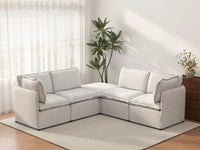 Deluxe Cloud 4-Seater Beige Large Space V-Shaped Sectional | 5-Piece (Includes 1 Ottoman), Linen Look Poly Fabric, Easy To Clean