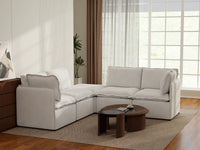 Deluxe Cloud 4-Seater Beige Large Space V-Shaped Sectional | 5-Piece (Includes 1 Ottoman), Linen Look Poly Fabric, Easy To Clean