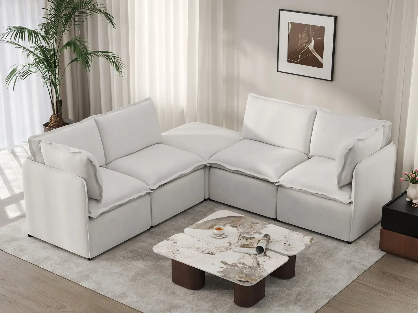 Deluxe Cloud 4-Seater Beige Large Space V-Shaped Sectional | 5-Piece (Includes 1 Ottoman), Linen Look Poly Fabric, Easy To Clean