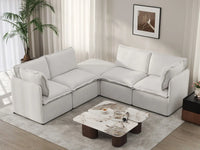 Deluxe Cloud 4-Seater Beige Large Space V-Shaped Sectional | 5-Piece (Includes 1 Ottoman), Linen Look Poly Fabric, Easy To Clean