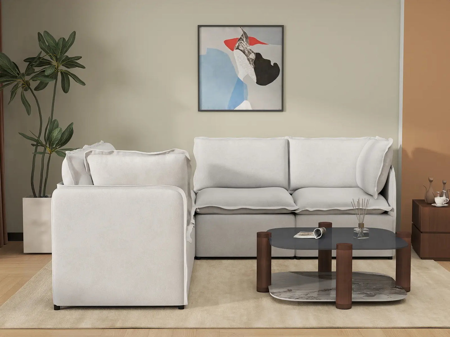 Deluxe Cloud 4-Seater Beige Large Space V-Shaped Sectional | 5-Piece (Includes 1 Ottoman), Linen Look Poly Fabric, Easy To Clean