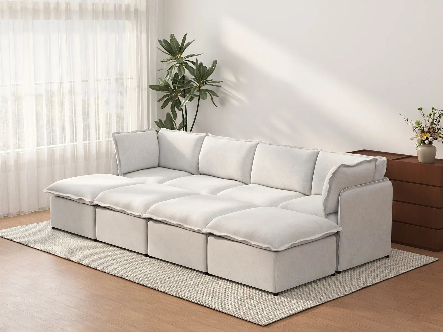 Deluxe Cloud 4-Seater Beige Open Space Pit Sectional | 8-Piece (Includes 4 Ottomans), Linen Look Poly Fabric, Easy To Clean