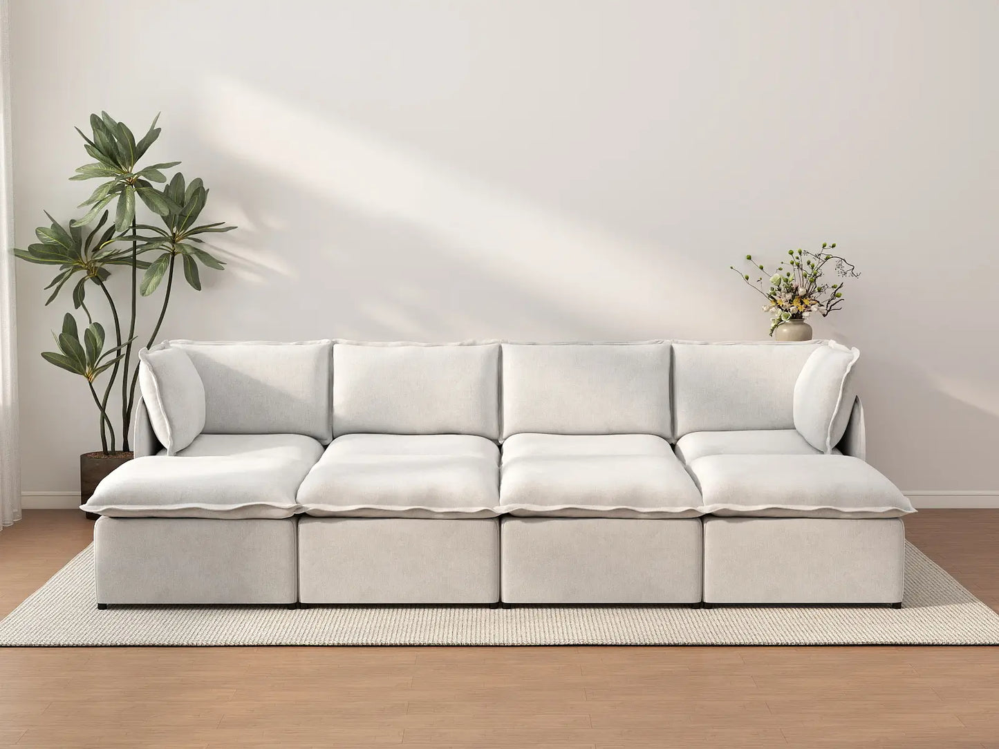 Deluxe Cloud 4-Seater Beige Open Space Pit Sectional | 8-Piece (Includes 4 Ottomans), Linen Look Poly Fabric, Easy To Clean