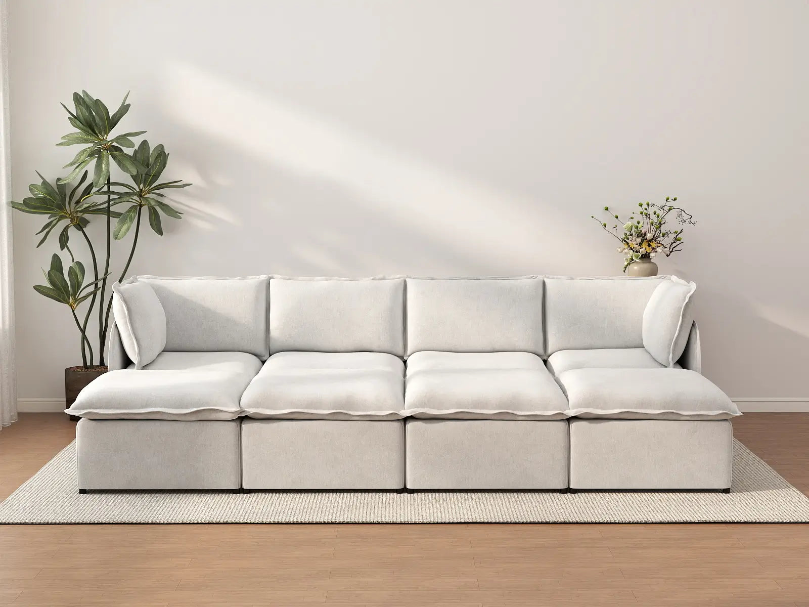 Deluxe Cloud 4-Seater Beige Open Space Pit Sectional | 8-Piece (Includes 4 Ottomans), Linen Look Poly Fabric, Easy To Clean
