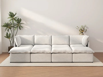 Deluxe Cloud 4-Seater Beige Open Space Pit Sectional | 8-Piece (Includes 4 Ottomans), Linen Look Poly Fabric, Easy To Clean