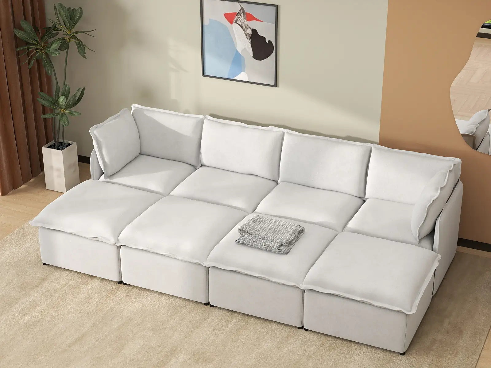 Deluxe Cloud 4-Seater Beige Open Space Pit Sectional | 8-Piece (Includes 4 Ottomans), Linen Look Poly Fabric, Easy To Clean