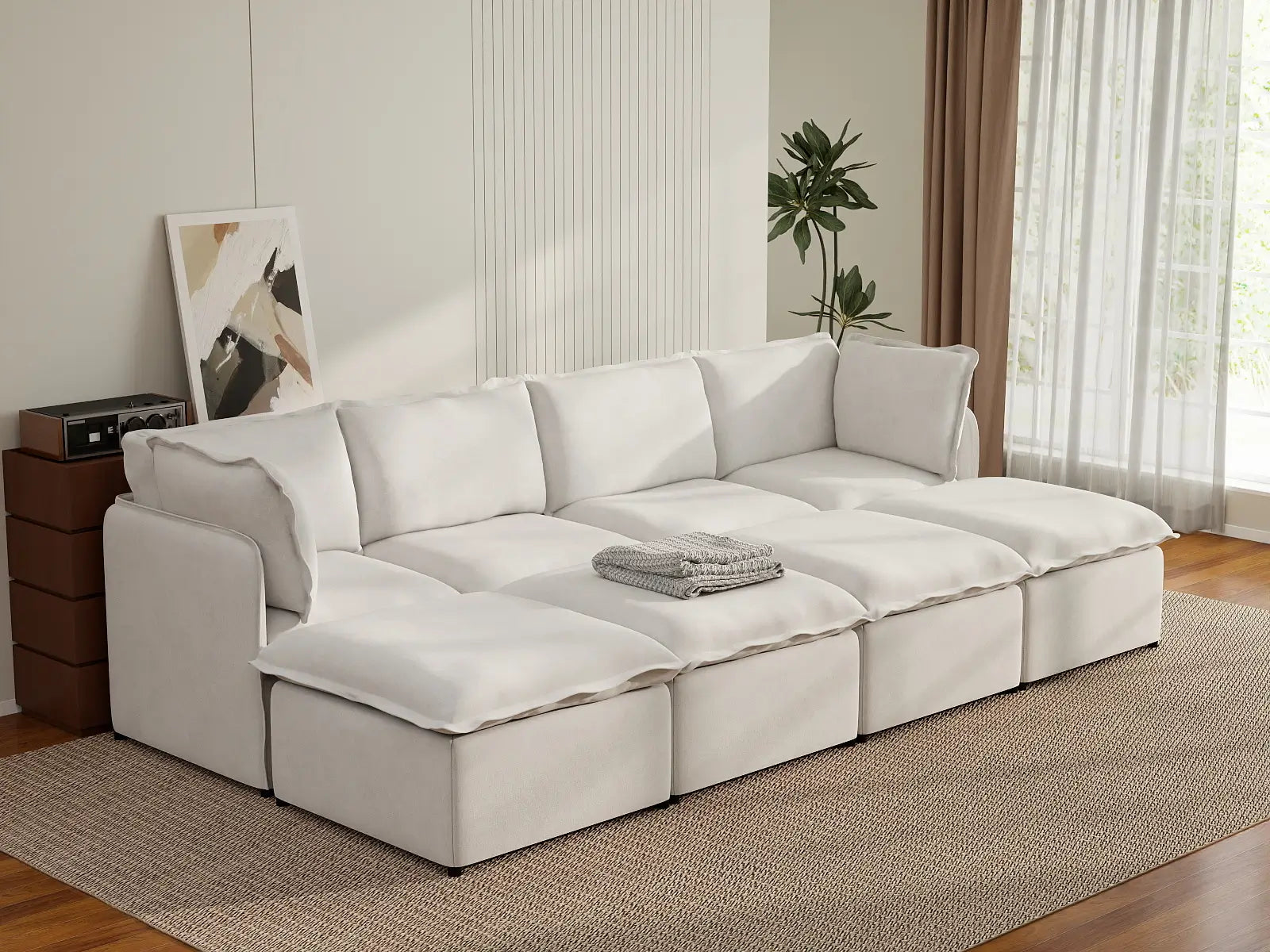 Deluxe Cloud 4-Seater Beige Open Space Pit Sectional | 8-Piece (Includes 4 Ottomans), Linen Look Poly Fabric, Easy To Clean