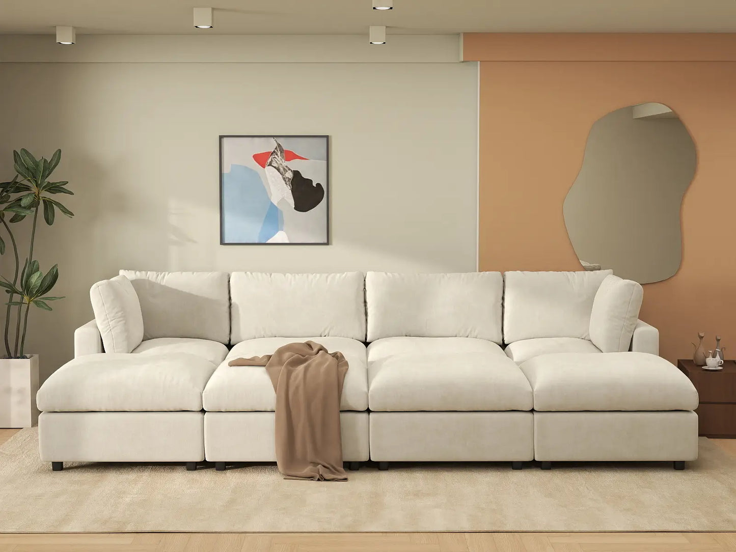 Sofá Seccional Pit Deluxe Cloud de 4 plazas en Beige para Espacios Abiertos | 8 piezas (incluye 4 otomanas), tela de chenilla mezcla de lino, fácil de limpiar