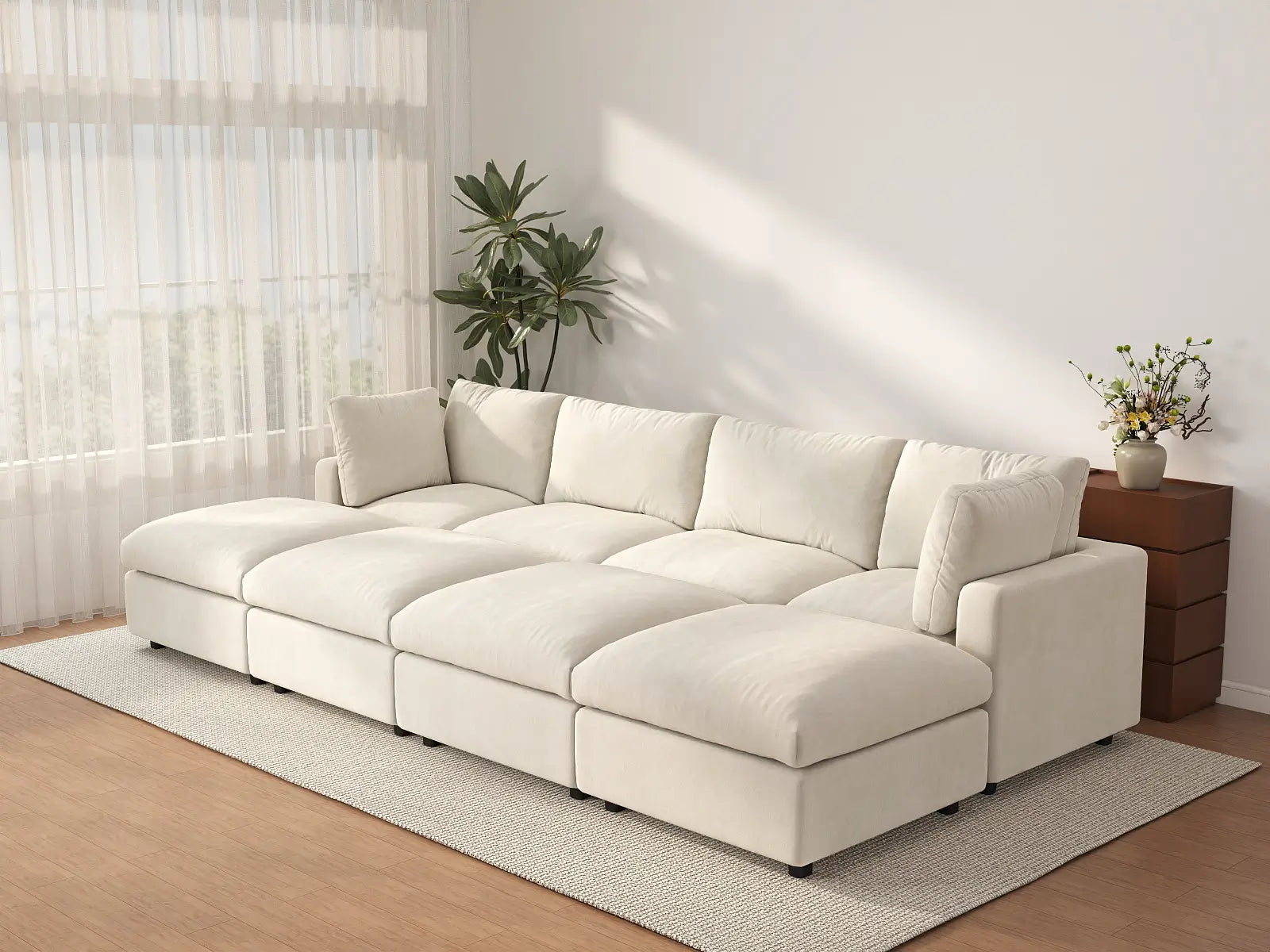 Sofá Seccional Pit Deluxe Cloud de 4 plazas en Beige para Espacios Abiertos | 8 piezas (incluye 4 otomanas), tela de chenilla mezcla de lino, fácil de limpiar