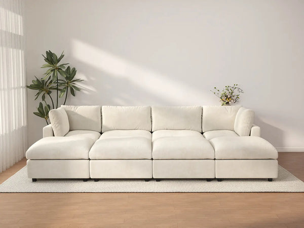 Sofá Seccional Pit Deluxe Cloud de 4 plazas en Beige para Espacios Abiertos | 8 piezas (incluye 4 otomanas), tela de chenilla mezcla de lino, fácil de limpiar