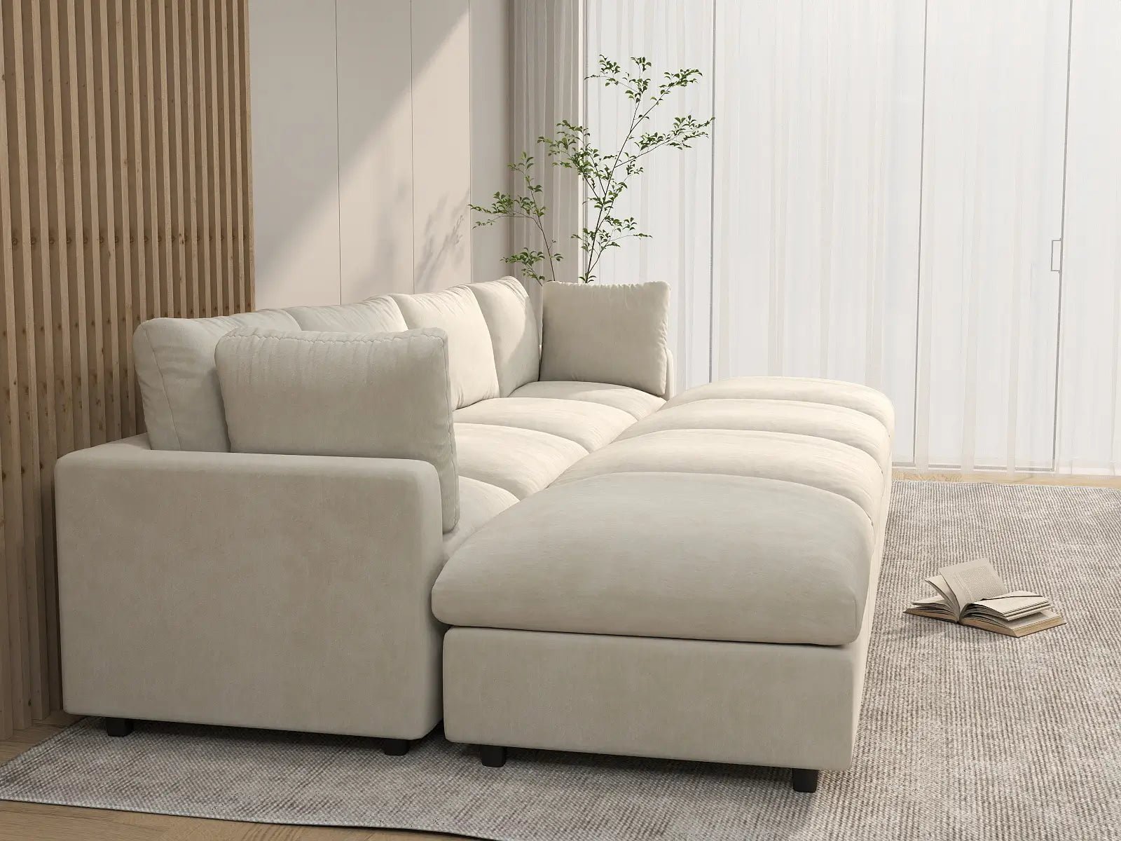 Sofá Seccional Pit Deluxe Cloud de 4 plazas en Beige para Espacios Abiertos | 8 piezas (incluye 4 otomanas), tela de chenilla mezcla de lino, fácil de limpiar