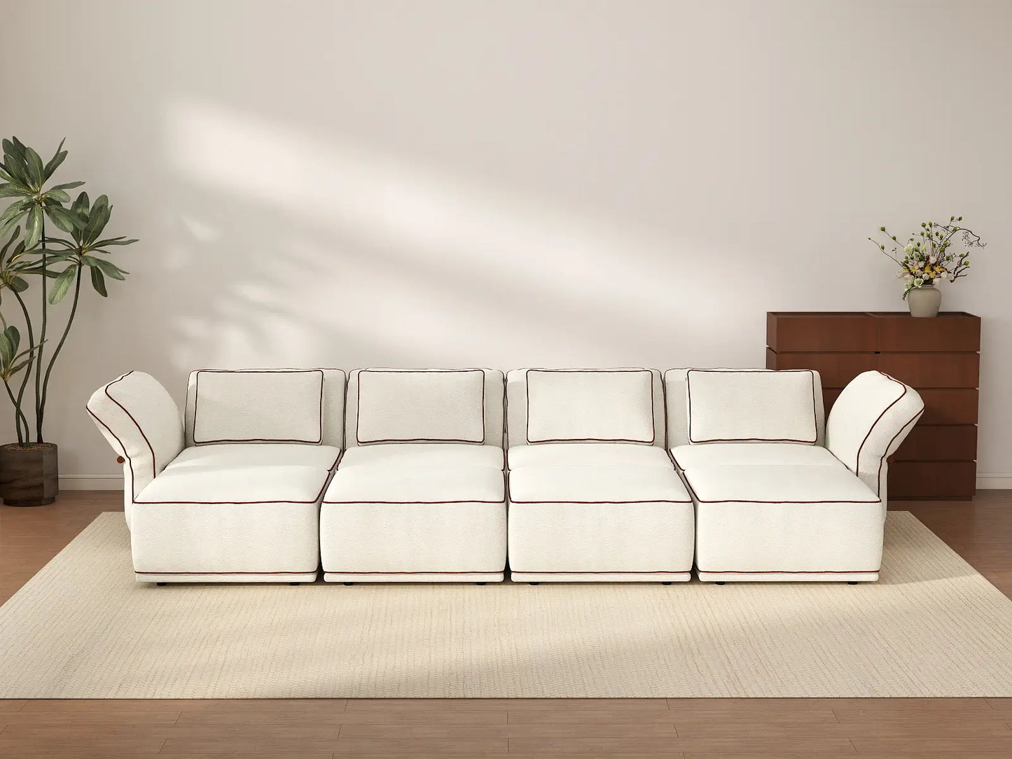 Deluxe Cloud 4-Seater Beige Open Space U-Shaped Sectional | 8-Piece (Includes 4 Ottomans), Bouclé Sherpa-Like Fabric, Easy To Clean