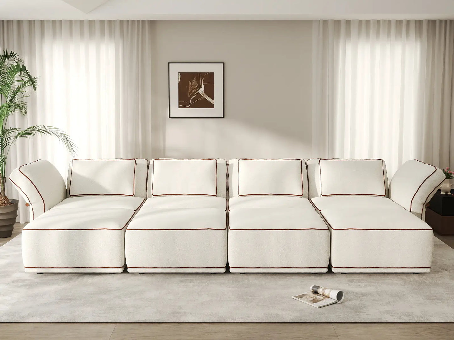 Deluxe Cloud 4-Seater Beige Open Space U-Shaped Sectional | 8-Piece (Includes 4 Ottomans), Bouclé Sherpa-Like Fabric, Easy To Clean