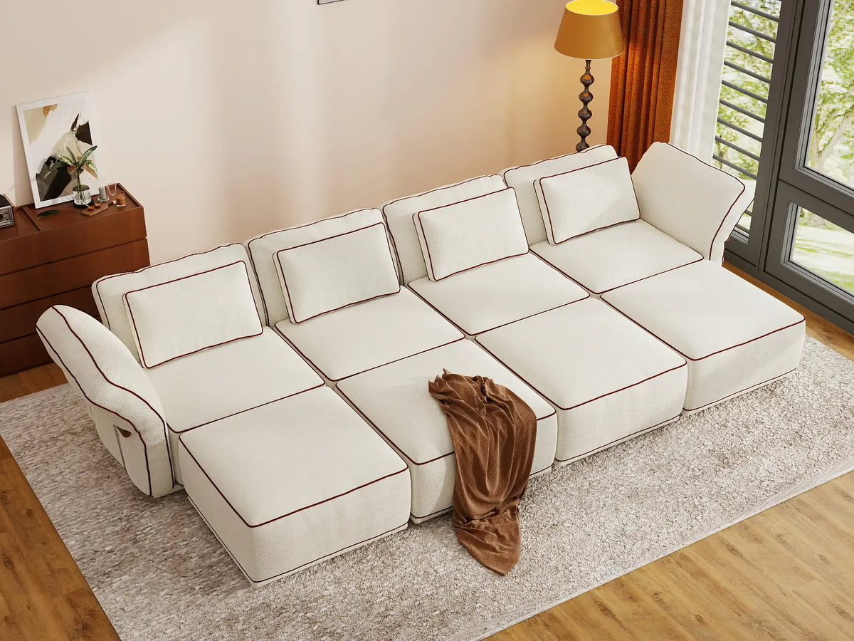 Deluxe Cloud 4-Seater Beige Open Space U-Shaped Sectional | 8-Piece (Includes 4 Ottomans), Bouclé Sherpa-Like Fabric, Easy To Clean