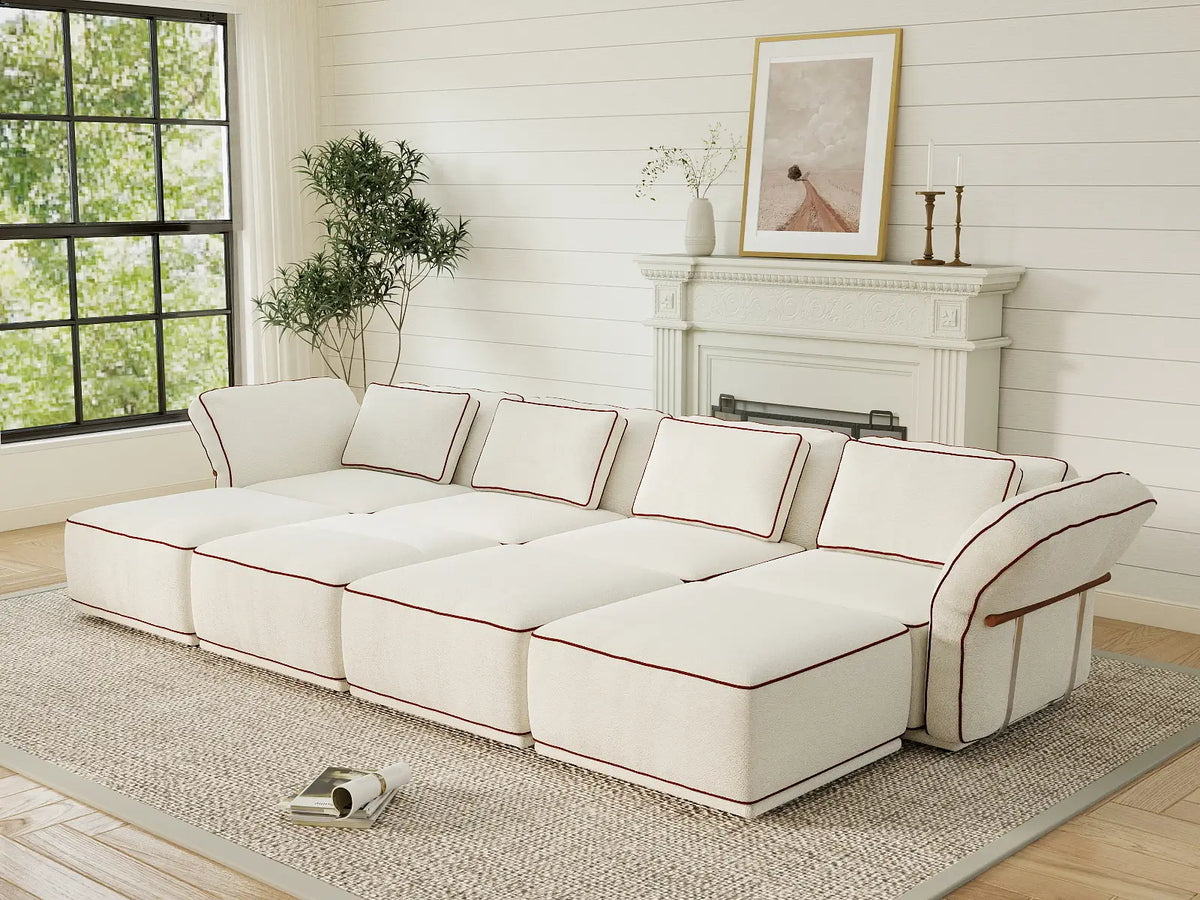 Deluxe Cloud 4-Seater Beige Open Space U-Shaped Sectional | 8-Piece (Includes 4 Ottomans), Bouclé Sherpa-Like Fabric, Easy To Clean