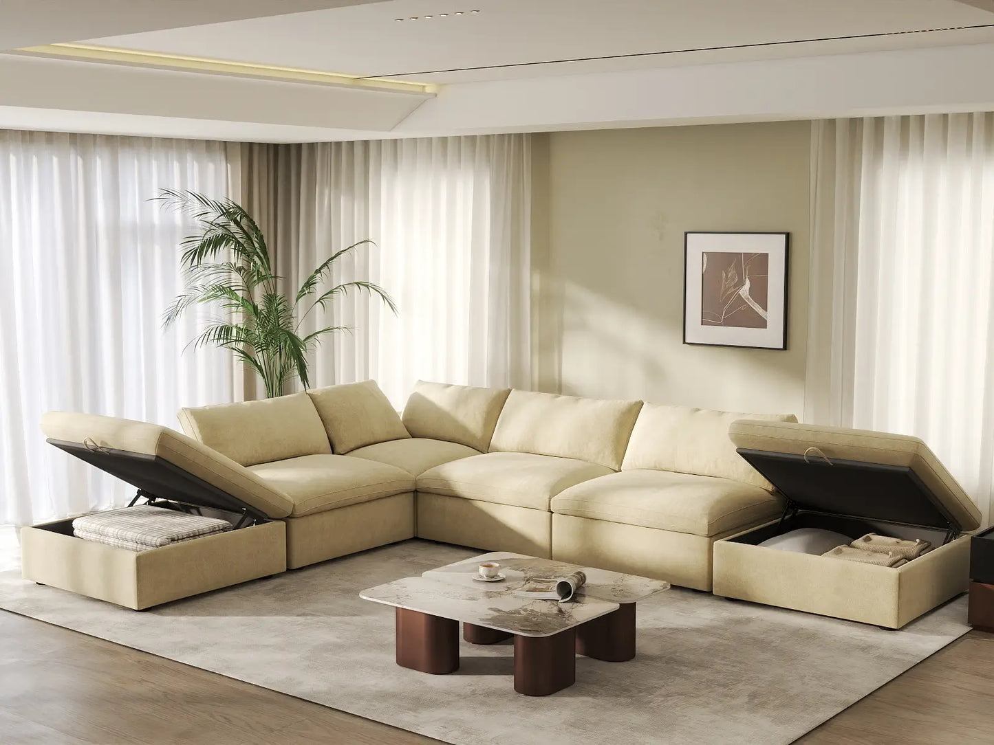 Deluxe Cloud 4-Seater Beige Sofa Set | 6-Piece (Includes 2 Ottomans), Velvet Fabric, Washable Cushion Covers