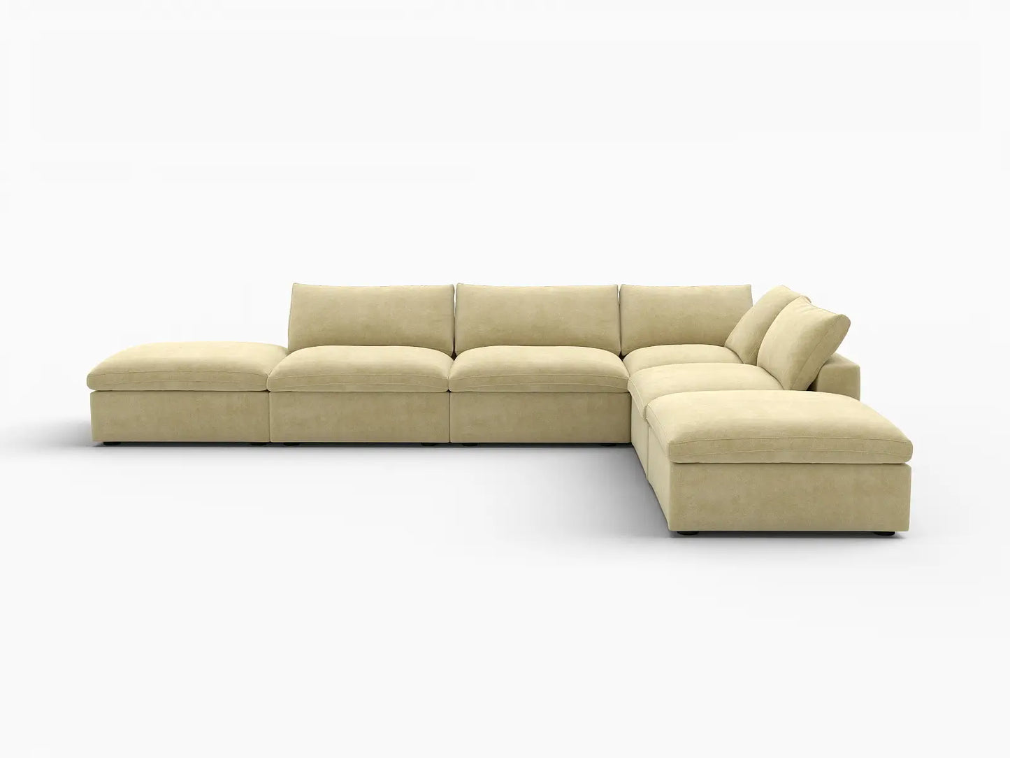 Deluxe Cloud 4-Seater Beige Sofa Set | 6-Piece (Includes 2 Ottomans), Velvet Fabric, Washable Cushion Covers