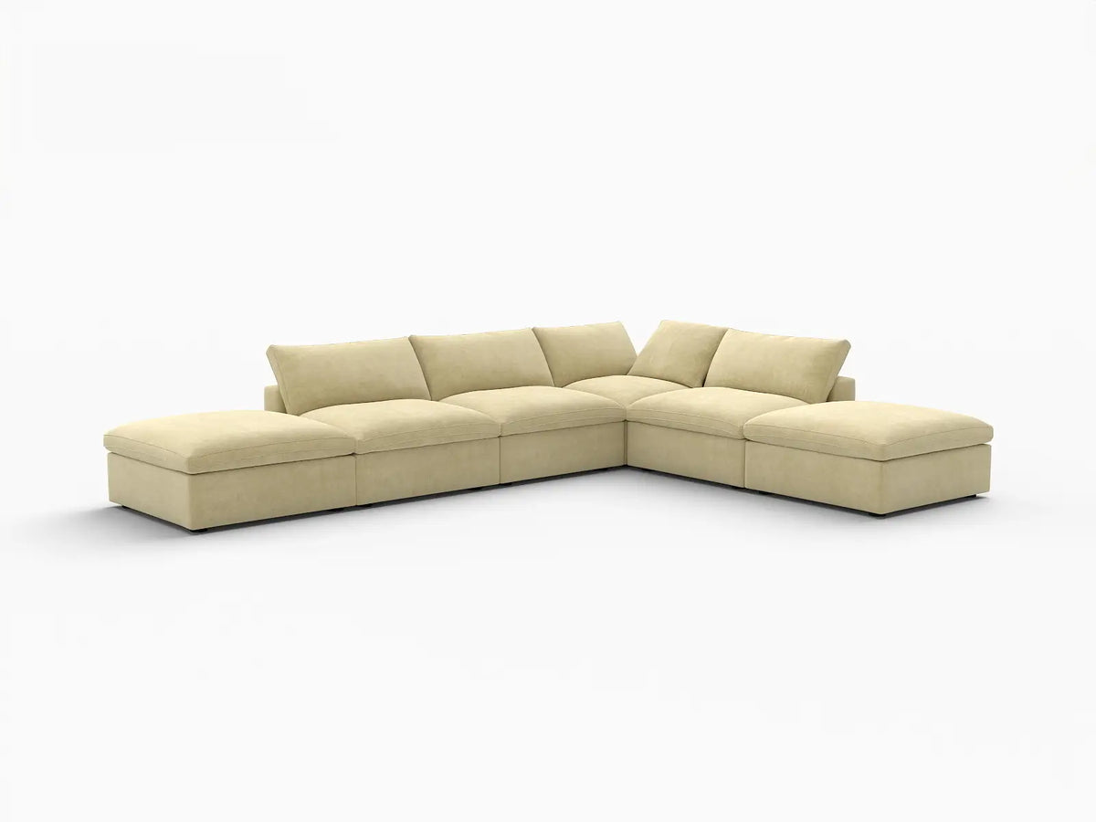 Deluxe Cloud 4-Seater Beige Sofa Set | 6-Piece (Includes 2 Ottomans), Velvet Fabric, Washable Cushion Covers