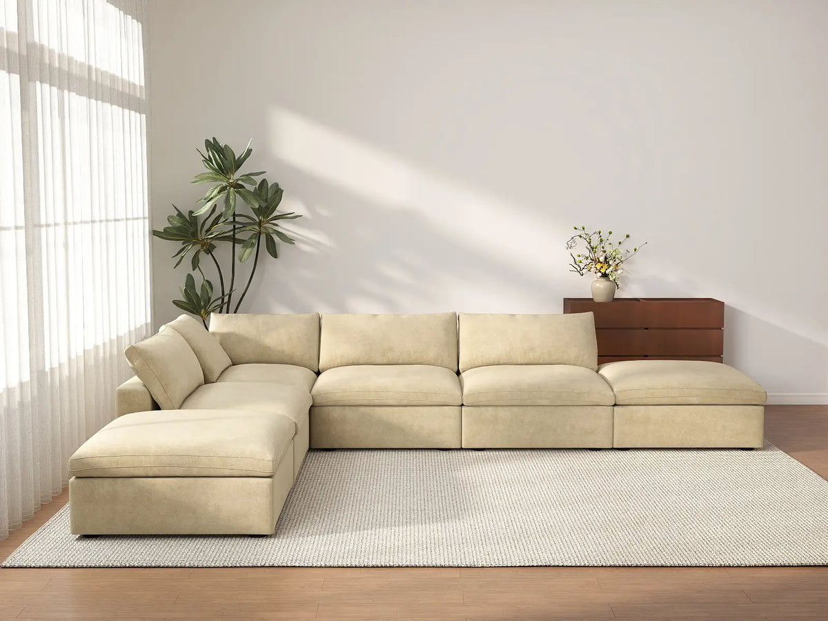 Deluxe Cloud 4-Seater Beige Sofa Set | 6-Piece (Includes 2 Ottomans), Velvet Fabric, Washable Cushion Covers