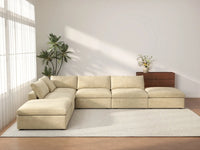 Deluxe Cloud 4-Seater Beige Sofa Set | 6-Piece (Includes 2 Ottomans), Velvet Fabric, Washable Cushion Covers