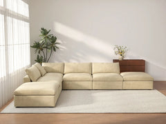 Deluxe Cloud 4-Seater Beige Sofa Set | 6-Piece (Includes 2 Ottomans), Velvet Fabric, Washable Cushion Covers